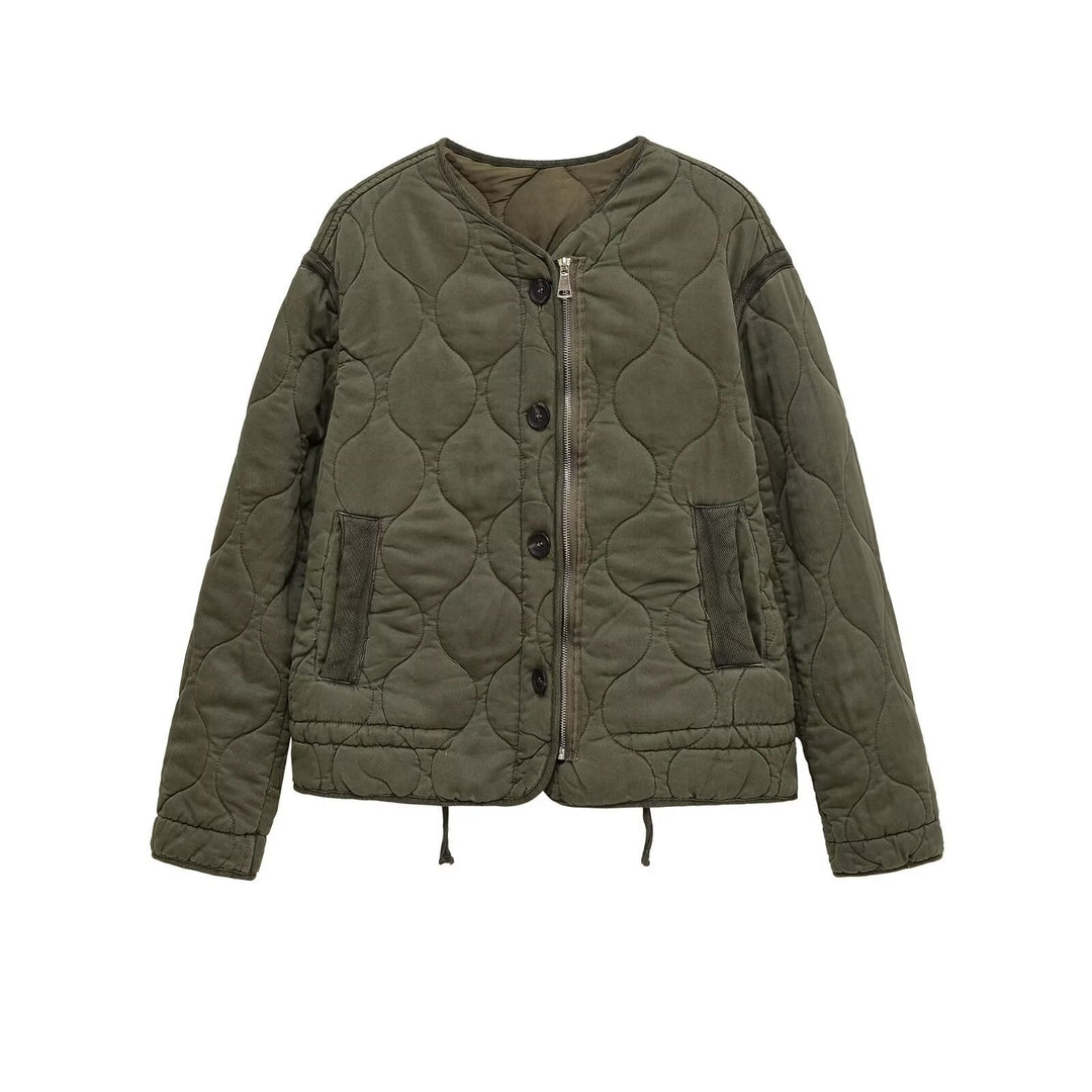 Women quilted transition jacket with zip and button placket, round neck and drawstring