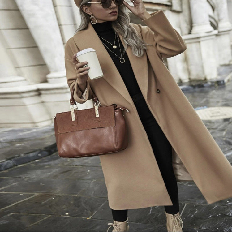Women Oversize Long Coat with Wide Shoulder and Concealed Button Placket