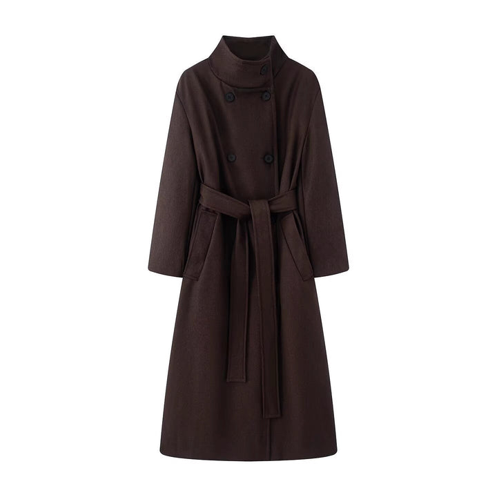 Women oversized wool blend coat with stand-up collar and tie belt