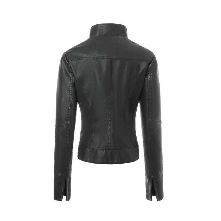 Ladies Slim Real Leather Jacket with Standing Collar, Quilted Panels and Zip