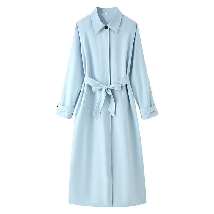 Ladies longer tailored trench coat with tie belt and shirt collar