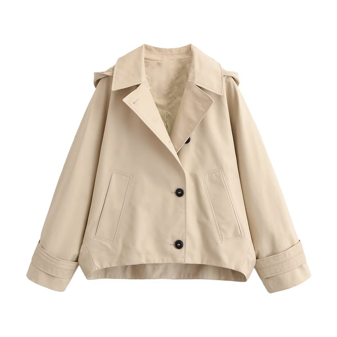 Women Short Oversized Trench Coat with Lapel Collar and Epaulettes