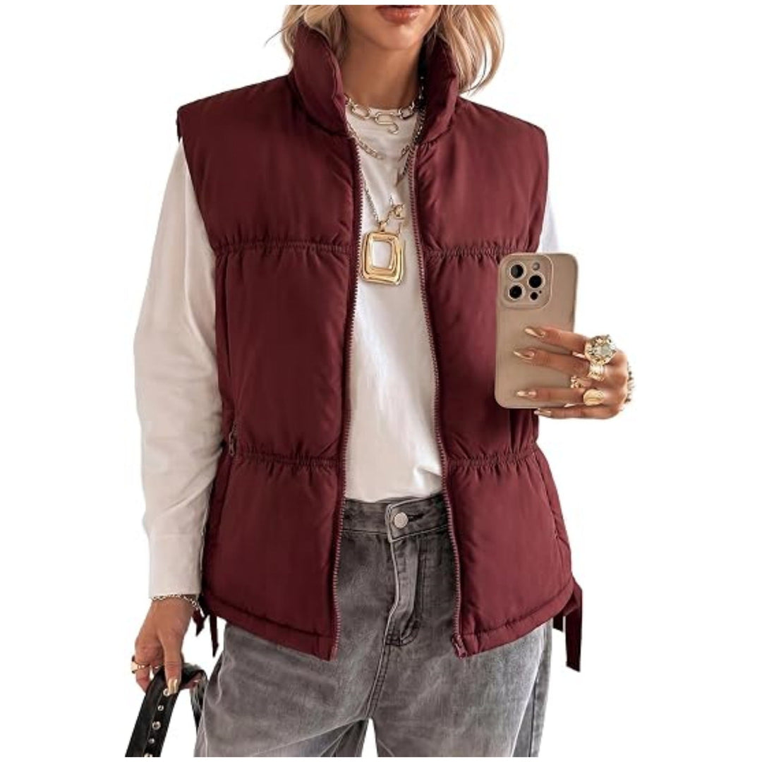 Women’s Padded Sleeveless Vest with Stand-Up Collar and Drawstring