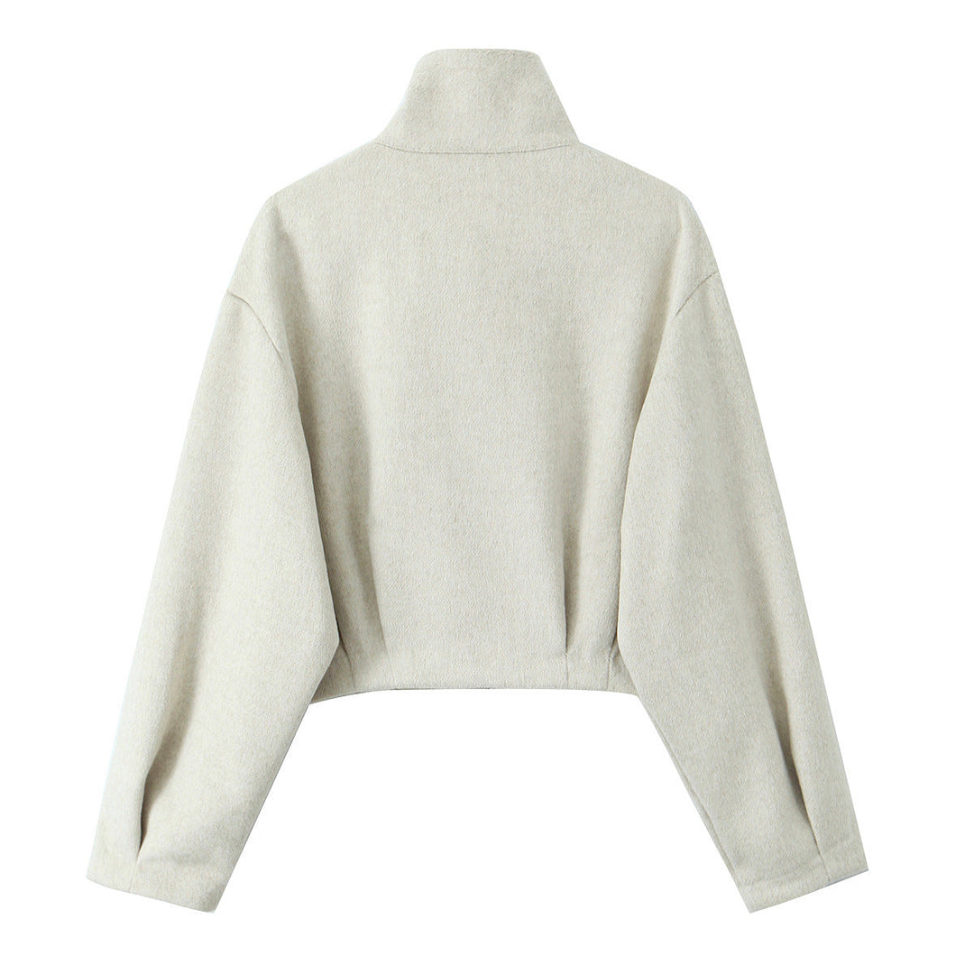 Women Boxy Fleece Jacket with Stand-up Collar and Concealed Zip