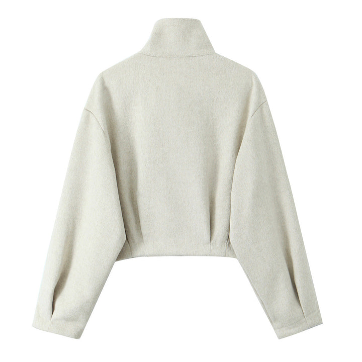 Women Boxy Fleece Jacket with Stand-up Collar and Concealed Zip