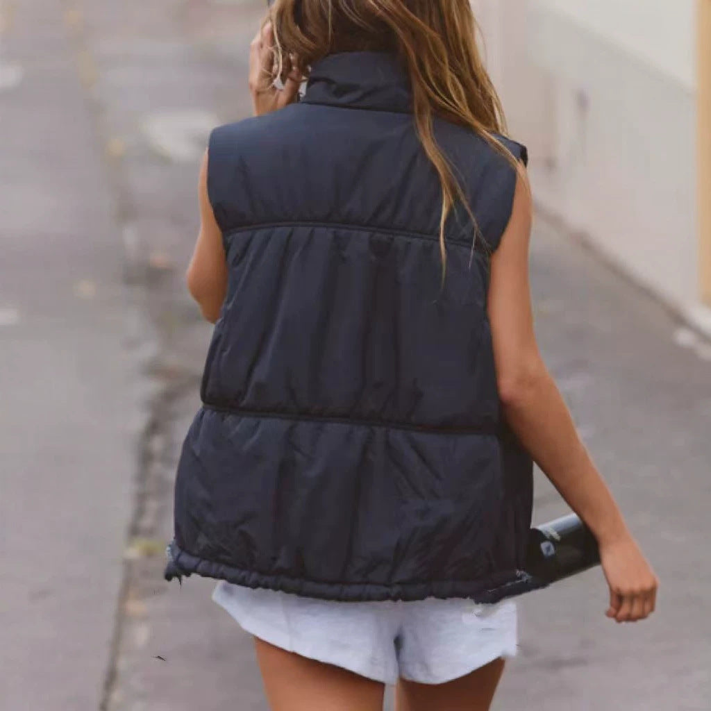 Women’s Padded Sleeveless Vest with Stand-Up Collar and Drawstring