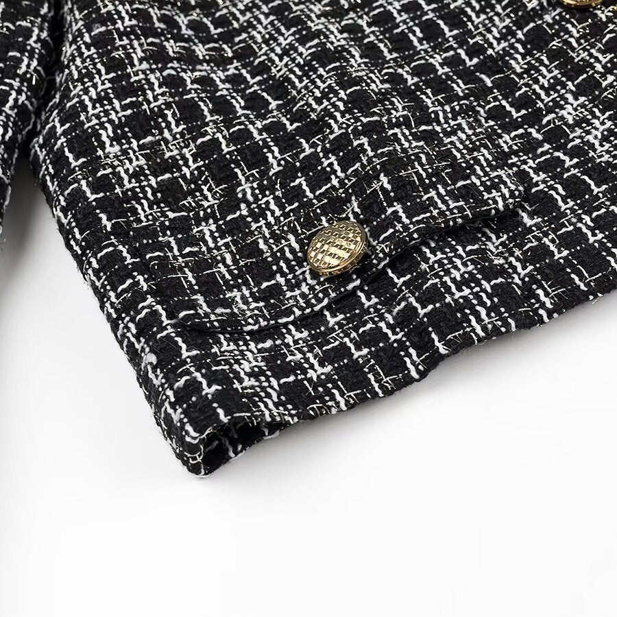 Women Short Boucle Tweed Jacket with Round Neck, Decorative Decorative Buttons and Patch Pockets
