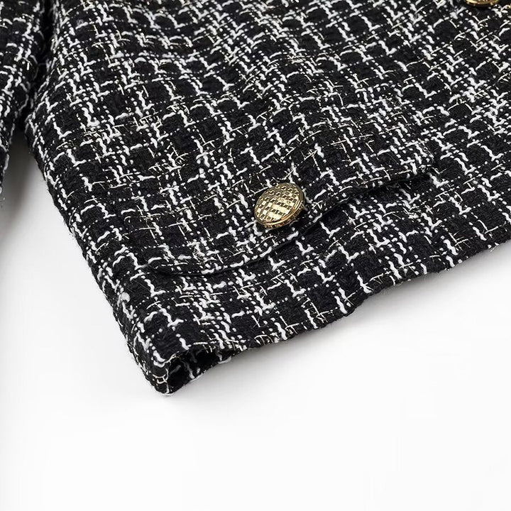 Women Short Boucle Tweed Jacket with Round Neck, Decorative Decorative Buttons and Patch Pockets