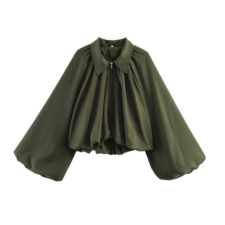 Women’s short jacket with oversized balloon sleeves and zip