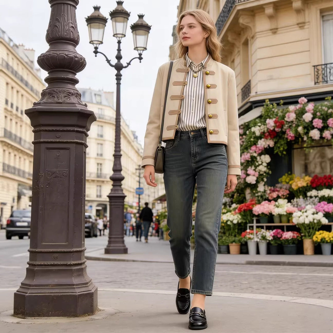 Women Short Military-Inspired Jacket with Stand Collar and Decorative Toggle Closure