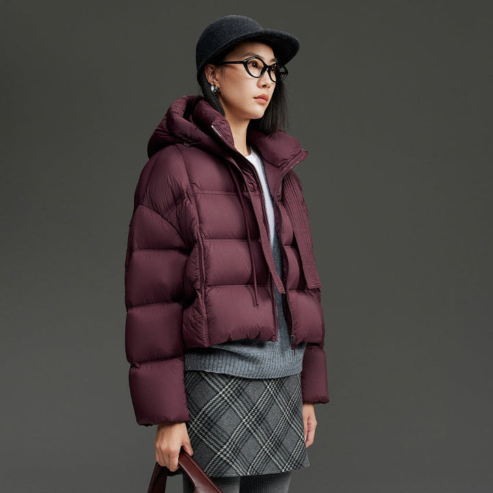 Women Short Cut Boxy Quilted Jacket with Voluminous Hood and Drawstring