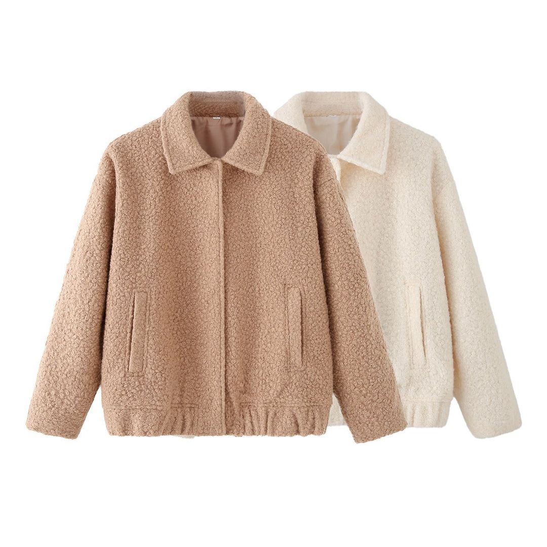 Ladies Teddy Boxy Jacket with Shirt Collar, Insert Pockets and Elastic Hem