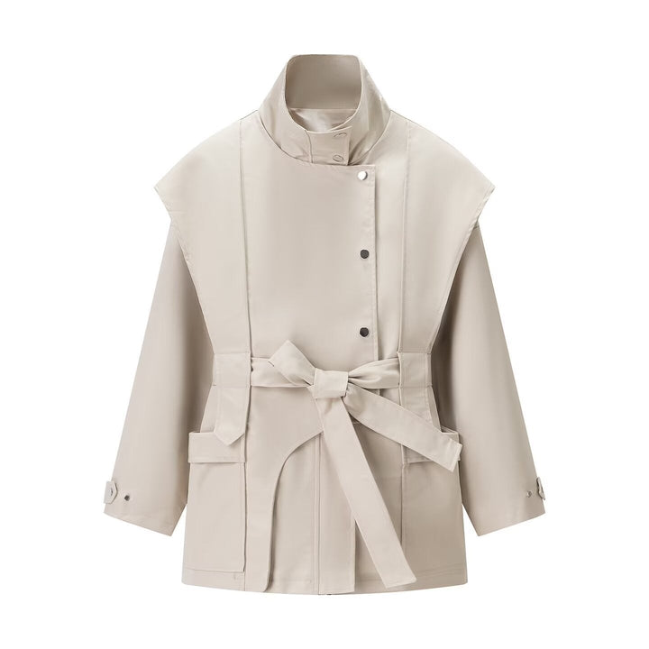Women’s short trench coat with cape shoulder, high stand-up collar and belt