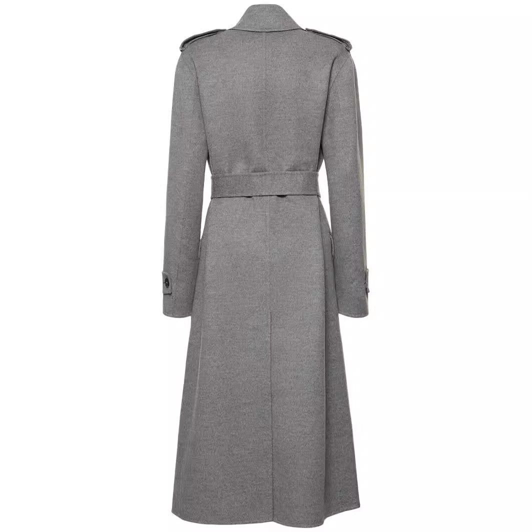 Women Mid-length Tailored Double-breasted Trench Coat made of Wool Blend with Flared Hem