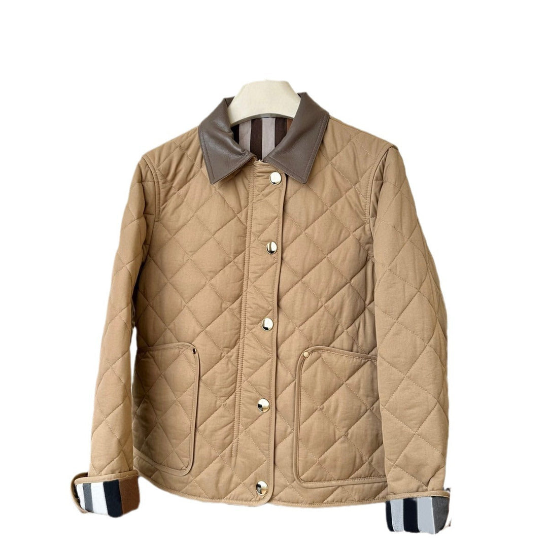 Ladies fashionable quilted jacket with elegant leather collar