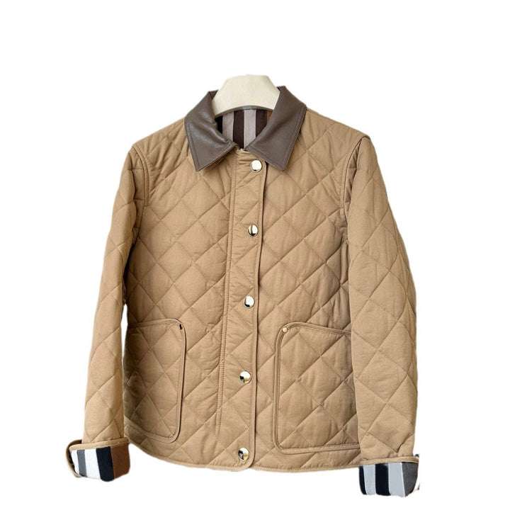 Ladies fashionable quilted jacket with elegant leather collar