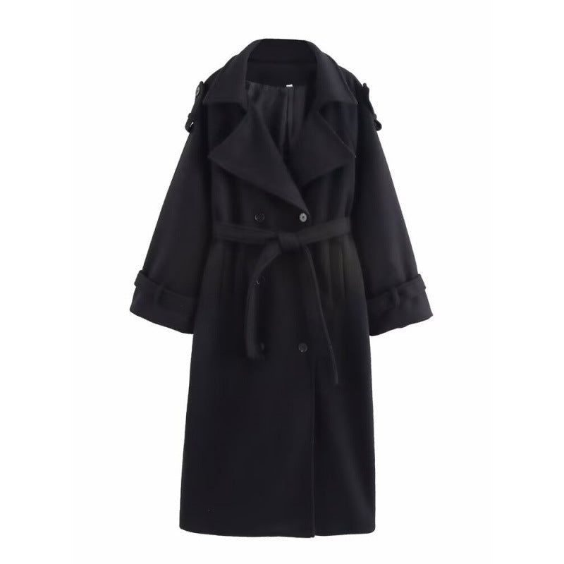 Women’s long double-breasted wool blend trench coat with belt and wide lapels