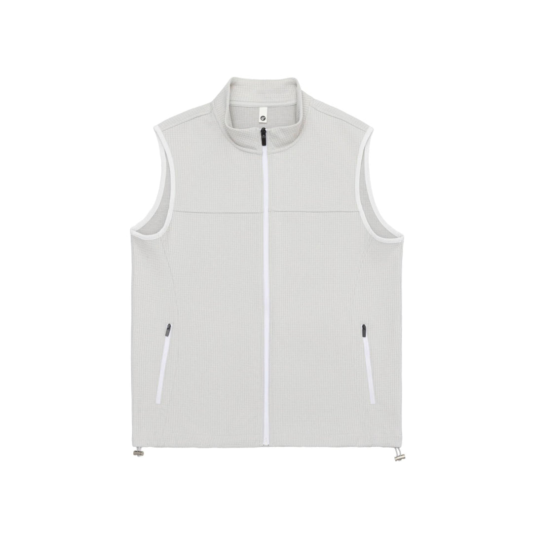 Unisex waffle-structured outdoor vest with stand-up collar, full-length zip, and drawstring hem