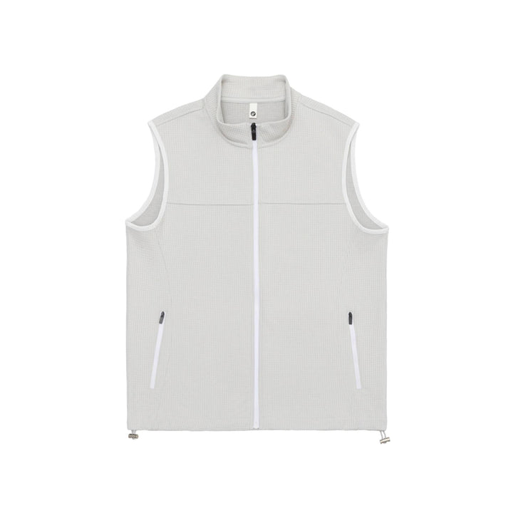 Unisex waffle-structured outdoor vest with stand-up collar, full-length zip, and drawstring hem