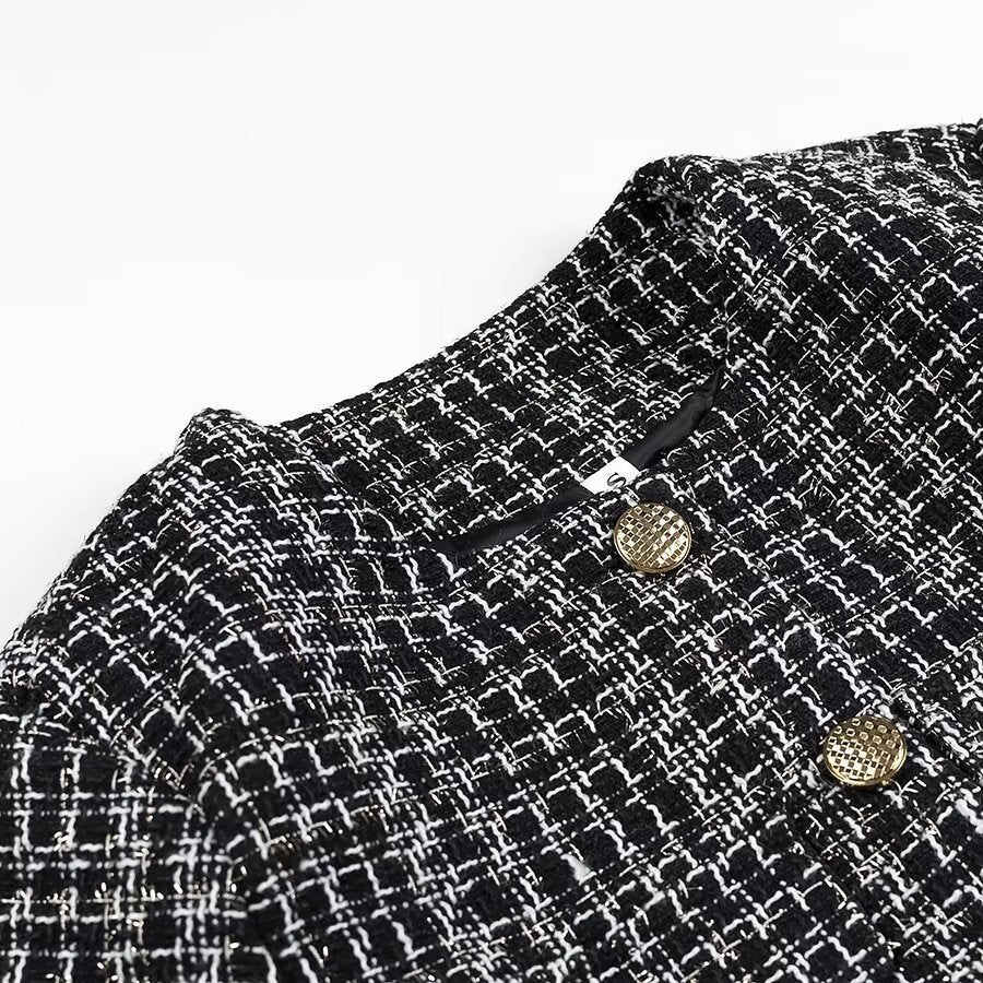 Women Short Boucle Tweed Jacket with Round Neck, Decorative Decorative Buttons and Patch Pockets
