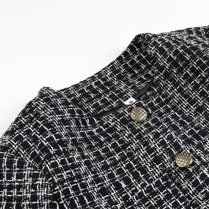Women Short Boucle Tweed Jacket with Round Neck, Decorative Decorative Buttons and Patch Pockets