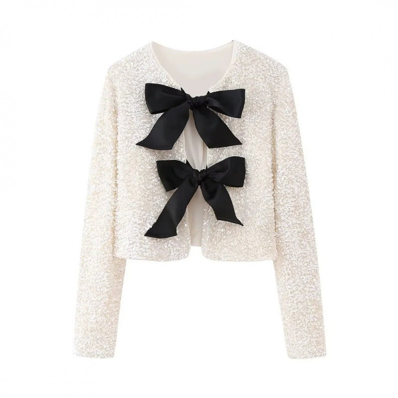 Women Sequin Bolero Jacket with Decorative Satin Bows