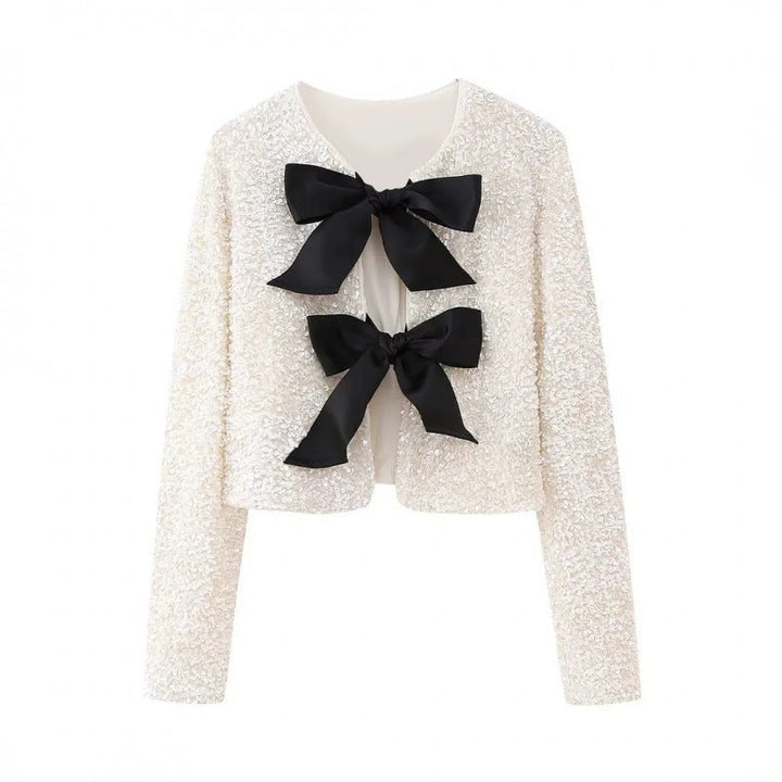 Women Sequin Bolero Jacket with Decorative Satin Bows