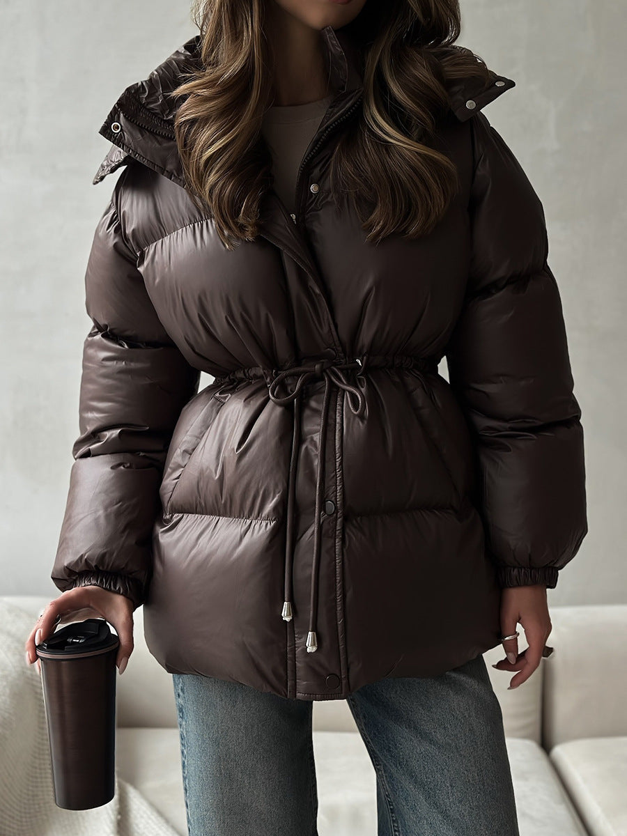 Women Tailored Quilted Jacket in Down Look with Drawstring and Hood