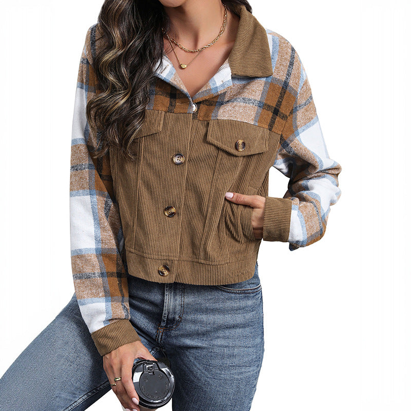 Ladies Short Jacket Cord and Check Mix with Buttons &amp; Breast Pockets