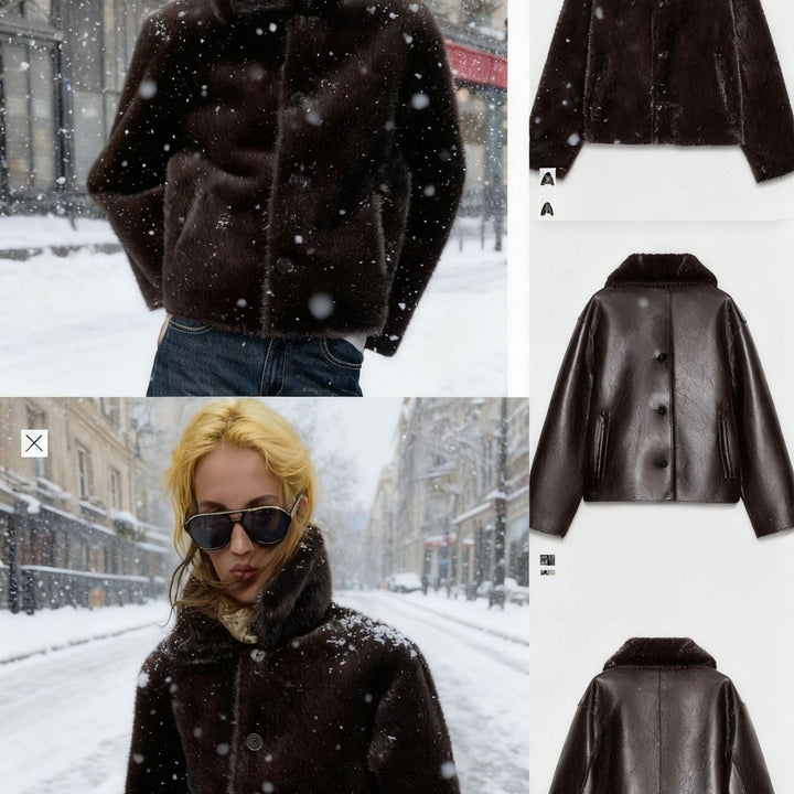 Women Boxy Faux Leather Jacket with Faux Fur Collar, Lambswool Imitation Lining and Button Closure