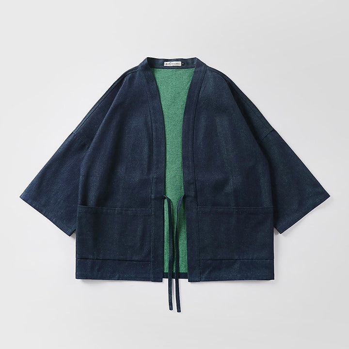 Unisex loose-fitting kimono jacket made of cotton denim with tie and large patch pockets