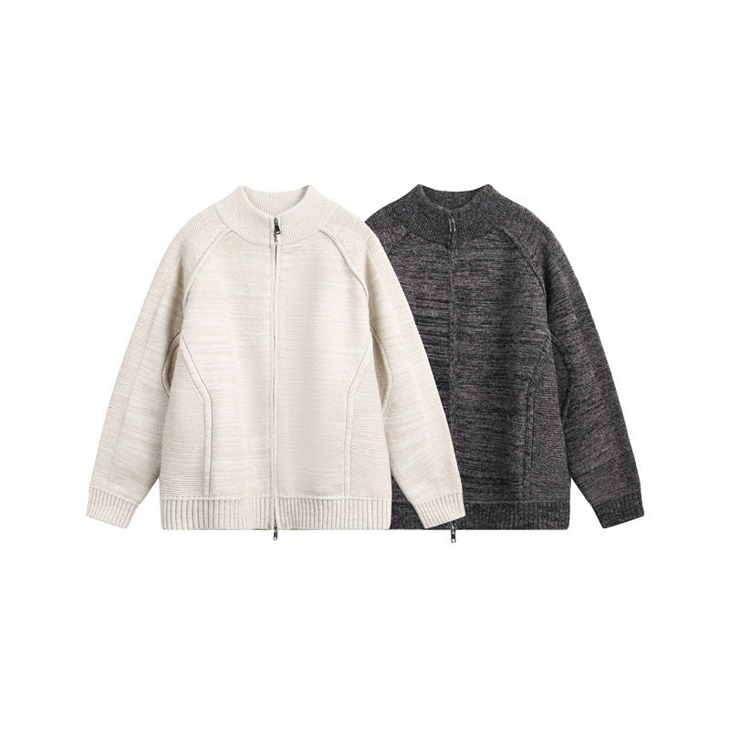 Unisex Thick Knit Zip Jacket with High Stand-Up Collar and Two-Way Zip