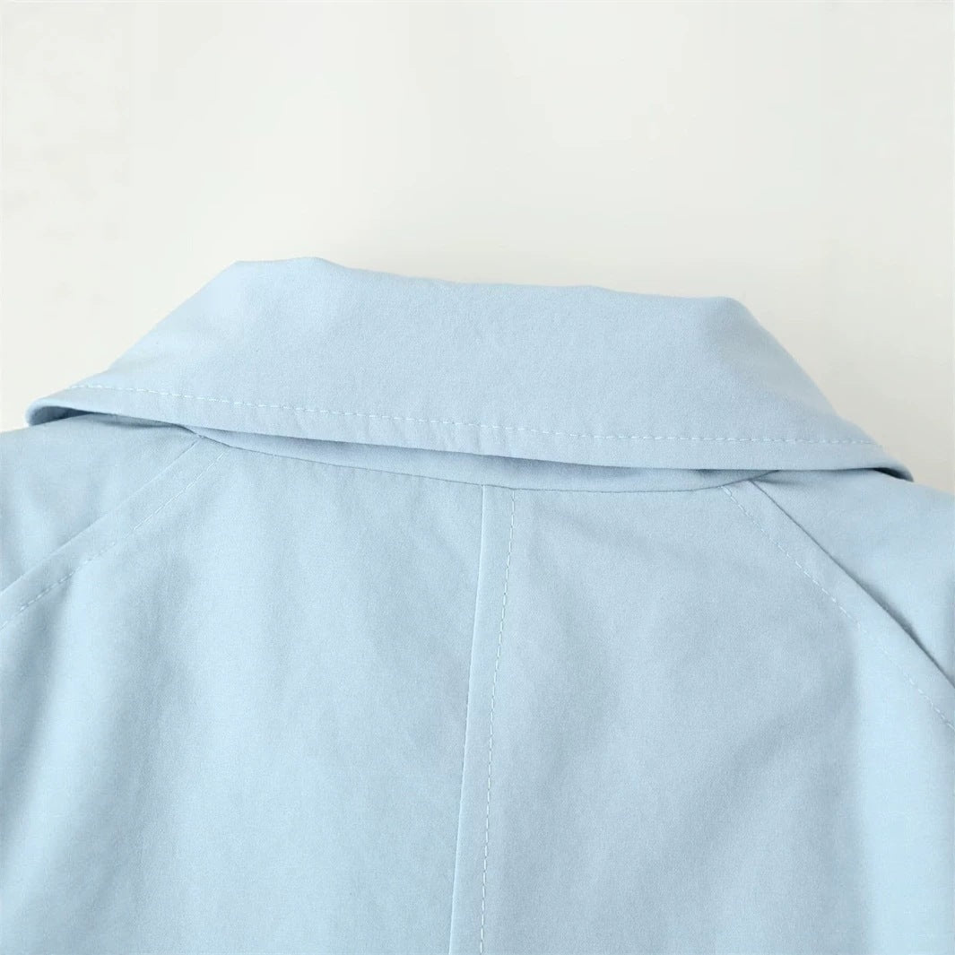 Ladies longer tailored trench coat with tie belt and shirt collar