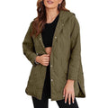 Women's quilted hooded jacket with oversized cut, snap button closure, and side slits