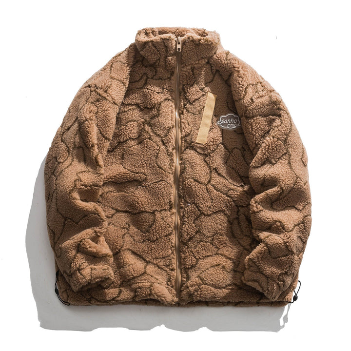 Women cosy teddy fleece jacket with stand-up collar and drawstring