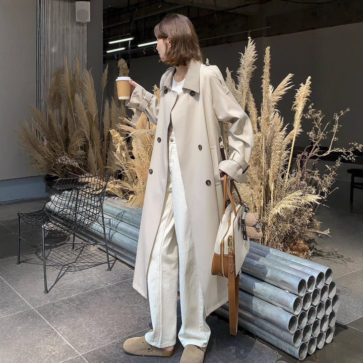 Women Long Cut Minimalist Trench Coat with Soft Autumn, Dropped Shoulders and Adjustable Sleeve Straps