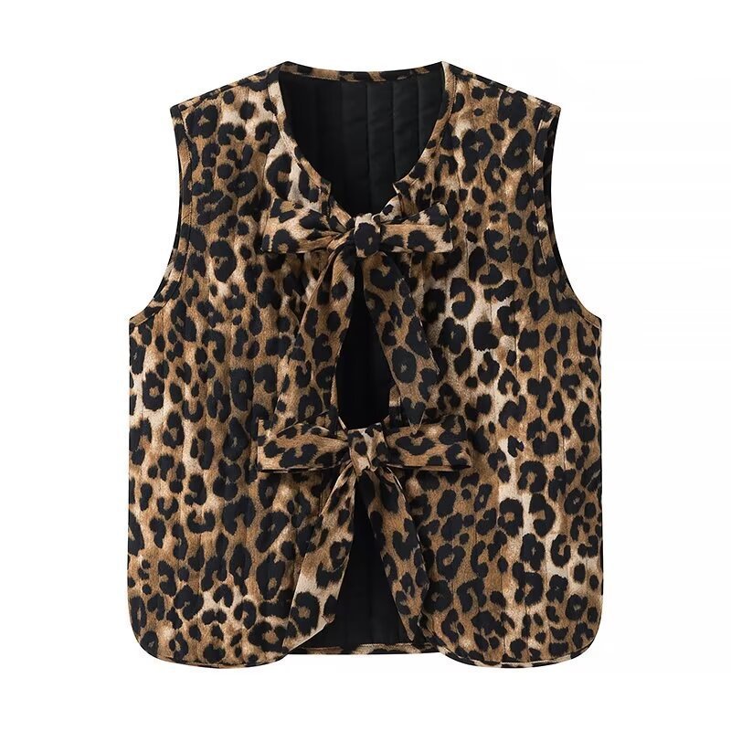 Women Sleeveless Leopard Print Vest with Ties and Textured Surface