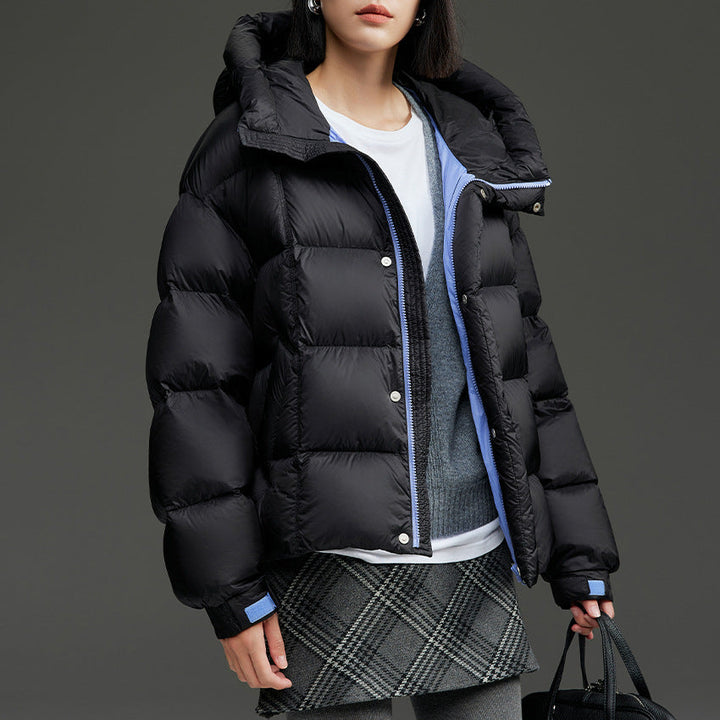 Ladies Short Boxy Quilted Jacket with Oversized Sleeves, High Thermal Collar and Hood