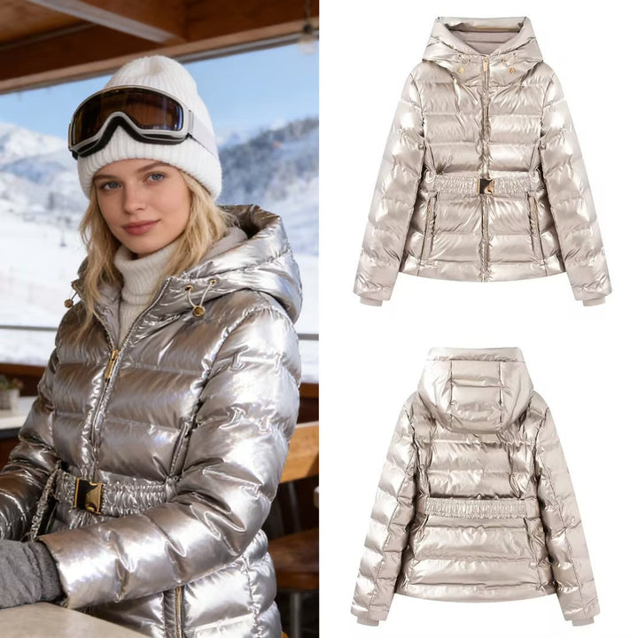 Women short cut quilted jacket with hood, fitted elastic waistband and decorative belt