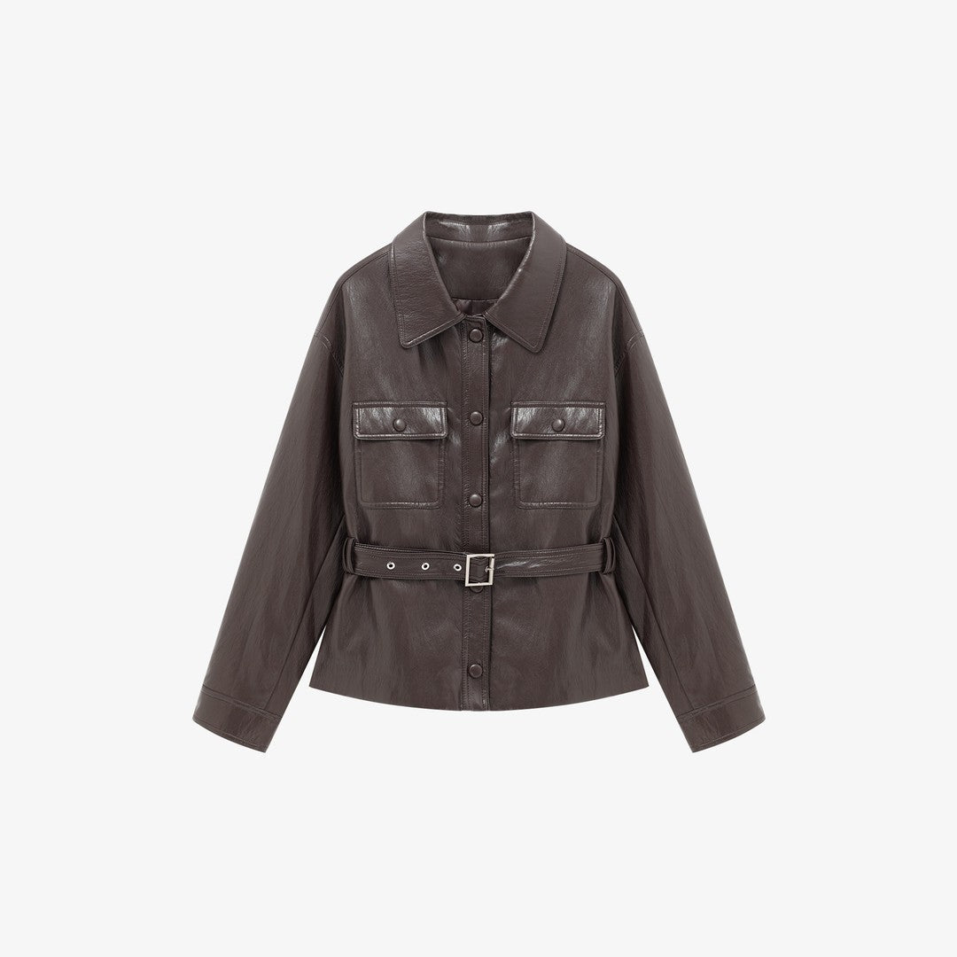 Women’s leather jacket in oversized utility style with waist belt