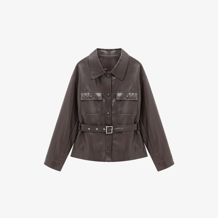 Women’s leather jacket in oversized utility style with waist belt