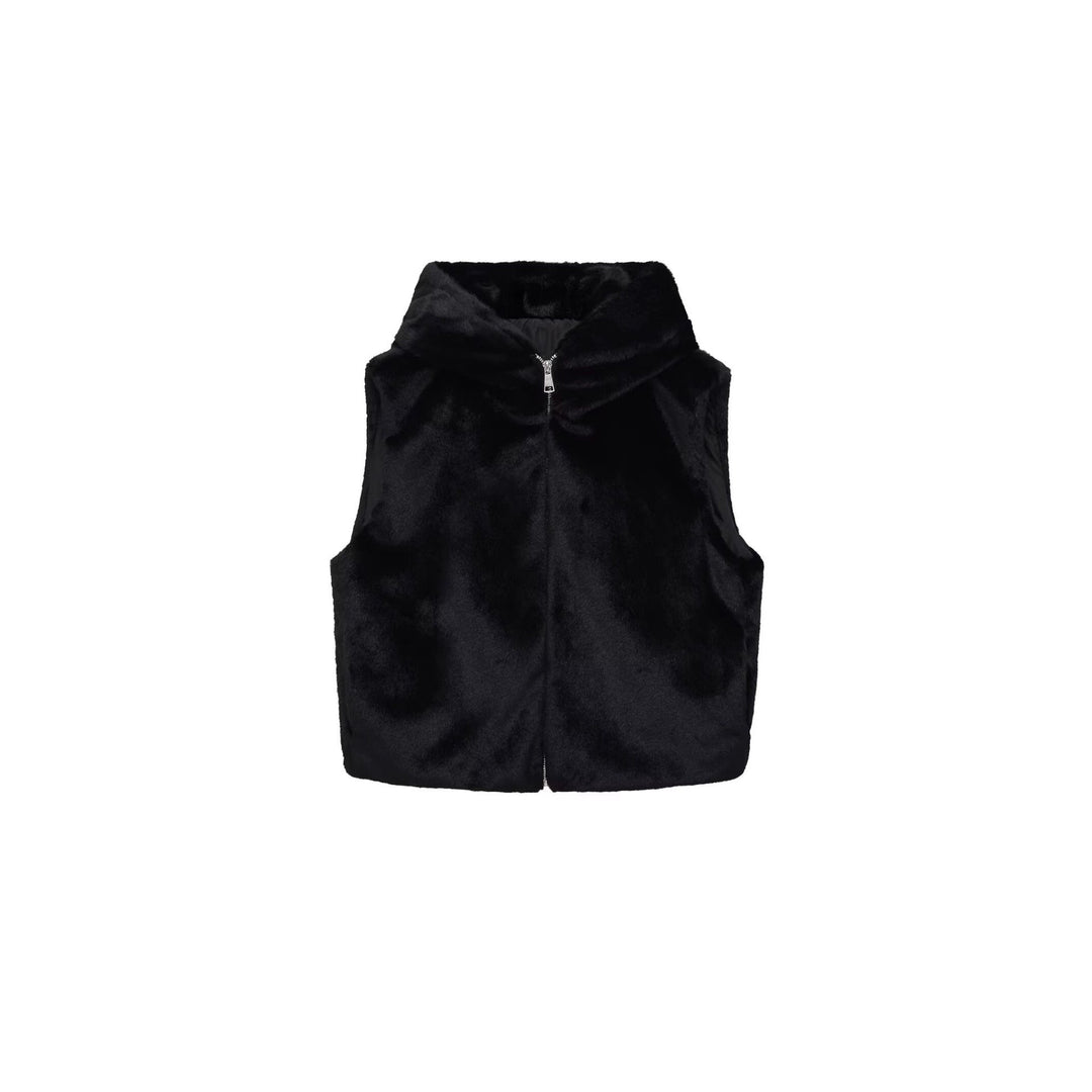 Women’s sleeveless teddy vest with hood and zip