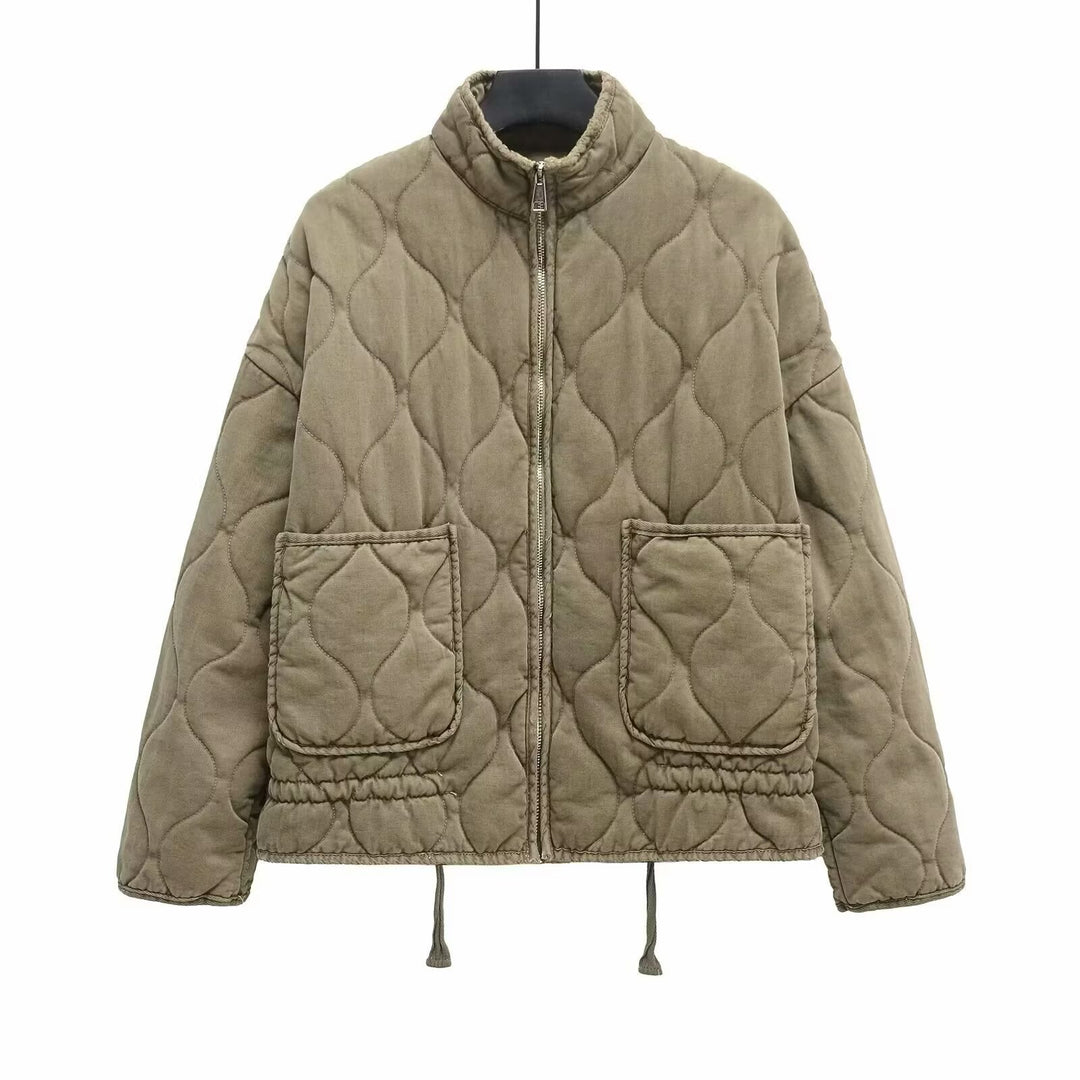 Women’s quilted jacket with stand-up collar, cushion quilting and drawstring