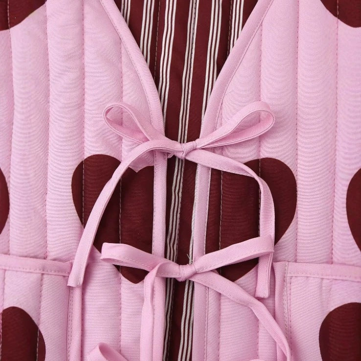 Women quilted vest with heart appliqués and ties