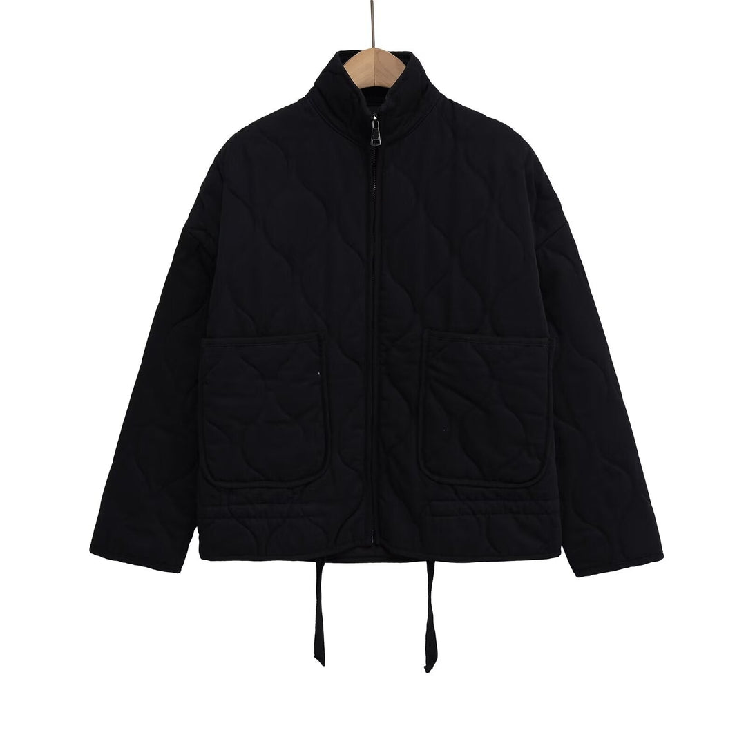 Women’s quilted jacket with stand-up collar, cushion quilting and drawstring