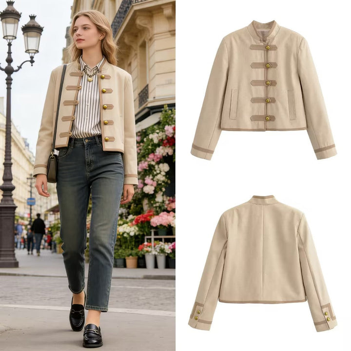 Women Short Military-Inspired Jacket with Stand Collar and Decorative Toggle Closure