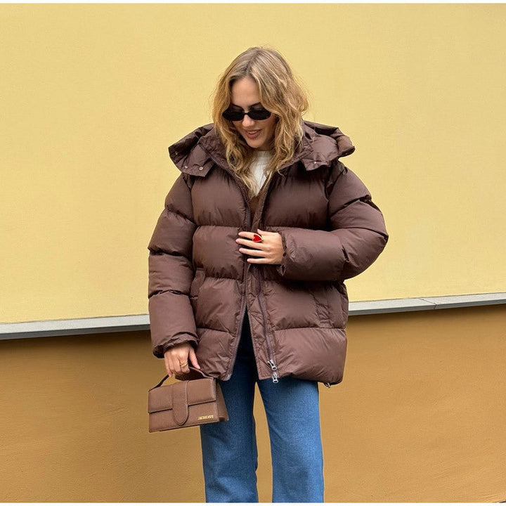 Women Padded Oversized Padded Jacket with Volume Sleeves and Removable Hooded Collar