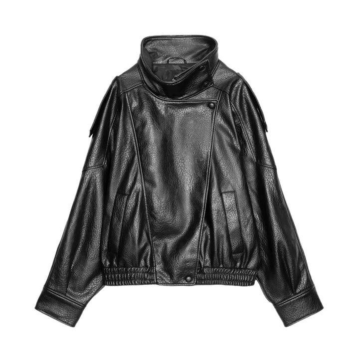 Ladies leather jacket with high stand-up collar and asymmetrical snap button placket