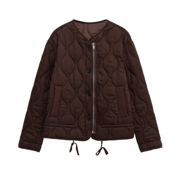 Women quilted transition jacket with zip and button placket, round neck and drawstring