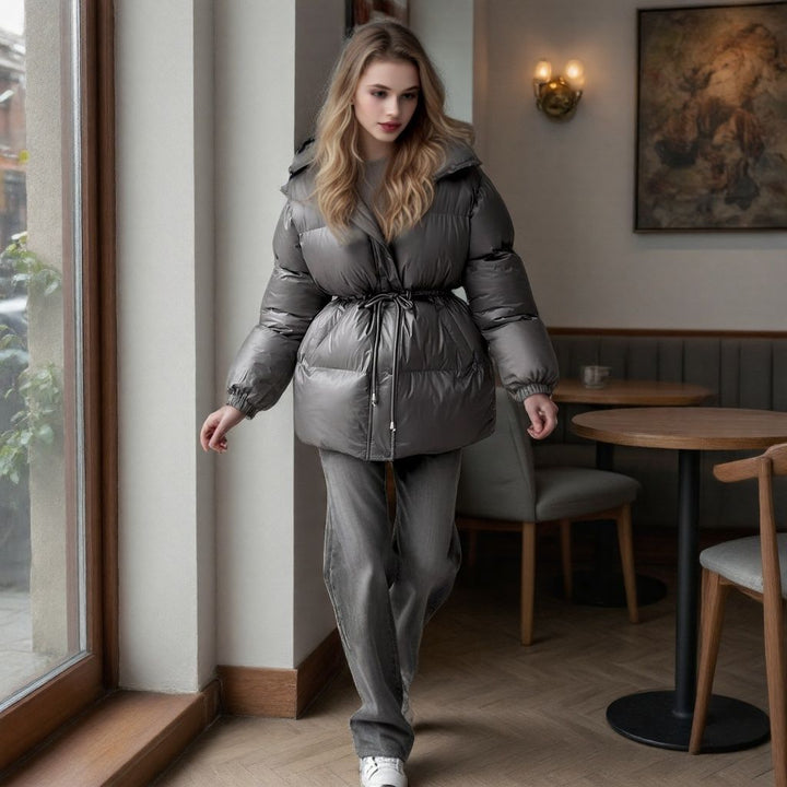 Women Tailored Quilted Jacket in Down Look with Drawstring and Hood